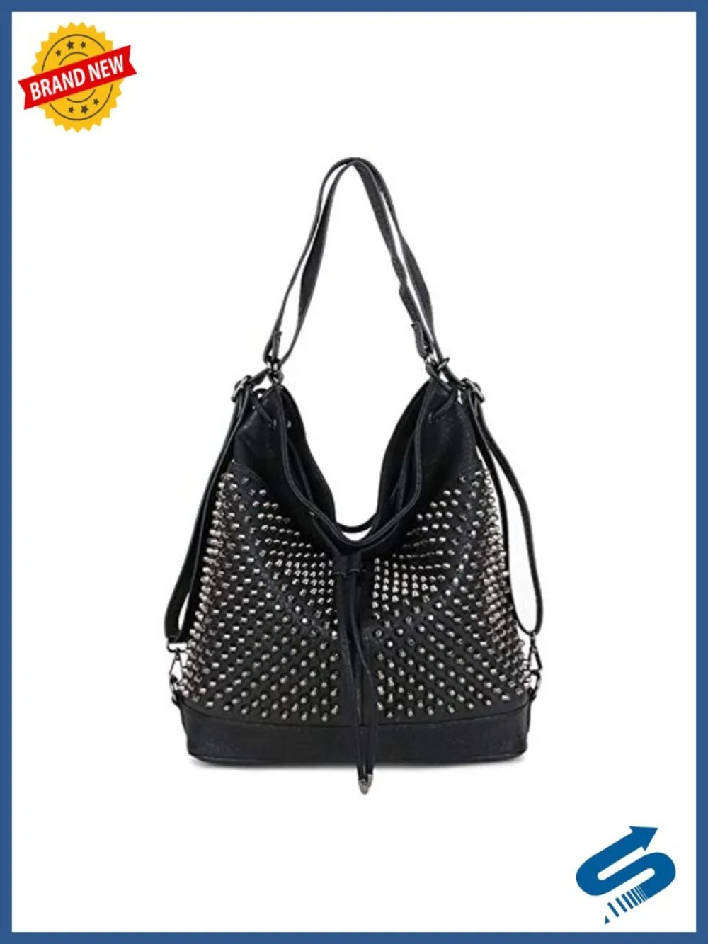 Over-size Studded Bucket Bag with Vegan Leather, 3 Ways Multifunction Backpack